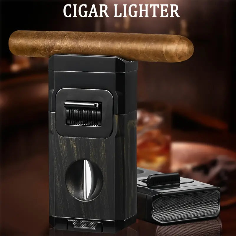 All-in-One Torch Lighter with Built-in Cigar Cutter, Holder, Dual Windproof Jet Flame, Butane Lighter with Gift Box