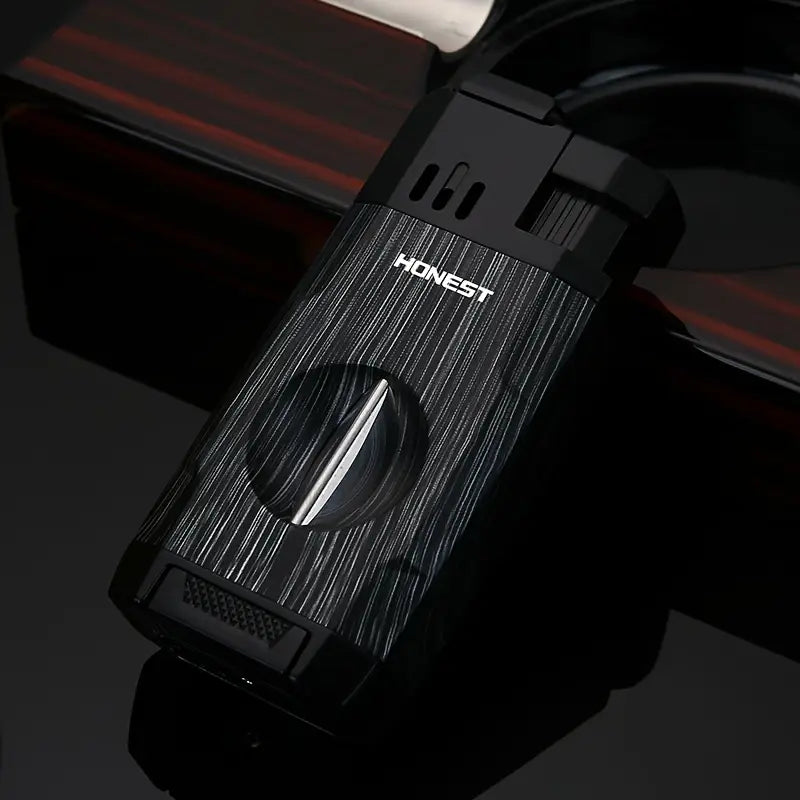 All-in-One Torch Lighter with Built-in Cigar Cutter, Holder, Dual Windproof Jet Flame, Butane Lighter with Gift Box