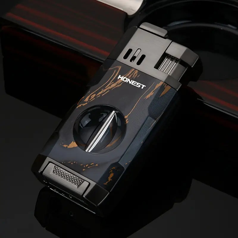 All-in-One Torch Lighter with Built-in Cigar Cutter, Holder, Dual Windproof Jet Flame, Butane Lighter with Gift Box