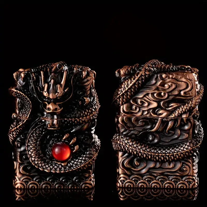 Elegant Vintage-Style Metal Lighter with Dragon Design - Embossed