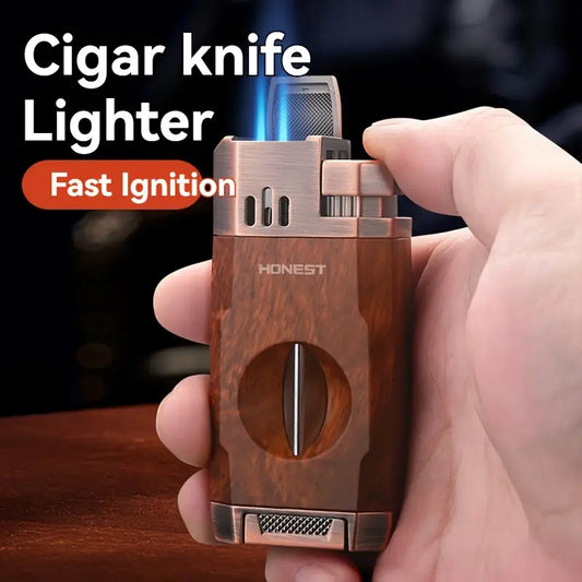 All-in-One Torch Lighter with Built-in Cigar Cutter, Holder, Dual Windproof Jet Flame, Butane Lighter with Gift Box