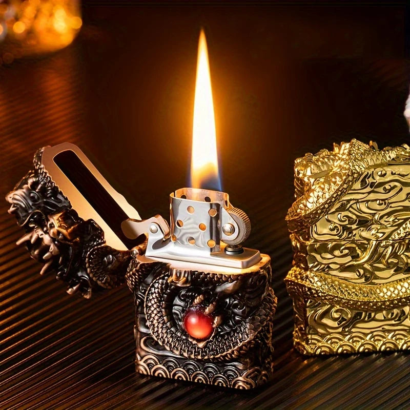 Elegant Vintage-Style Metal Lighter with Dragon Design - Embossed