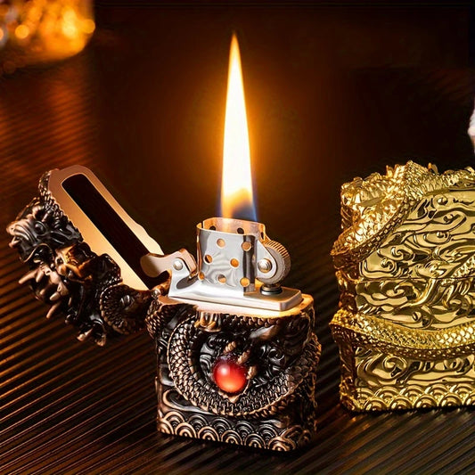 Elegant Vintage-Style Metal Lighter with Dragon Design - Embossed
