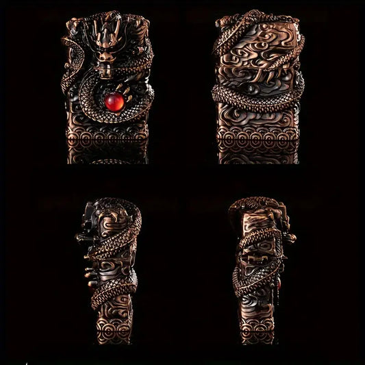 Elegant Vintage-Style Metal Lighter with Dragon Design - Embossed