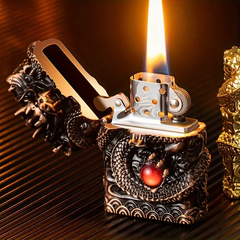 Elegant Vintage-Style Metal Lighter with Dragon Design - Embossed