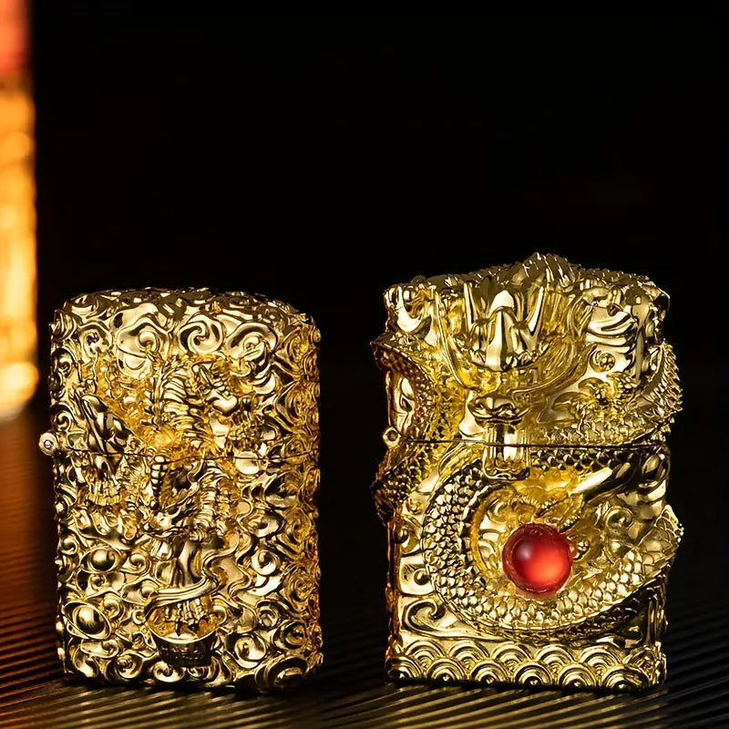 Elegant Vintage-Style Metal Lighter with Dragon Design - Embossed